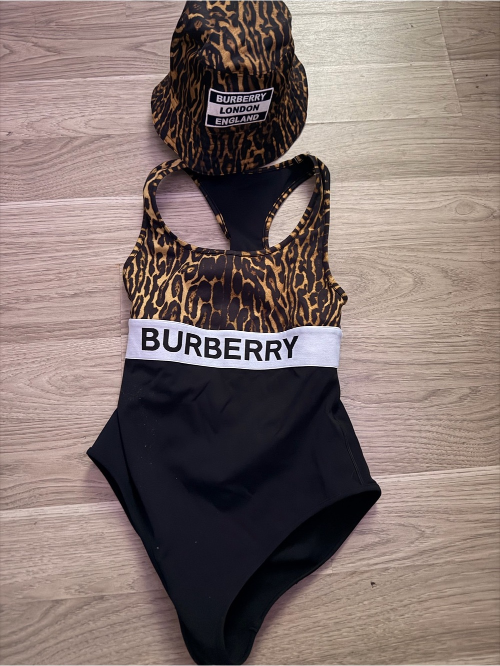 Burberry women Leopard-Print Black One-Piece Swimsuit with Matching Hat